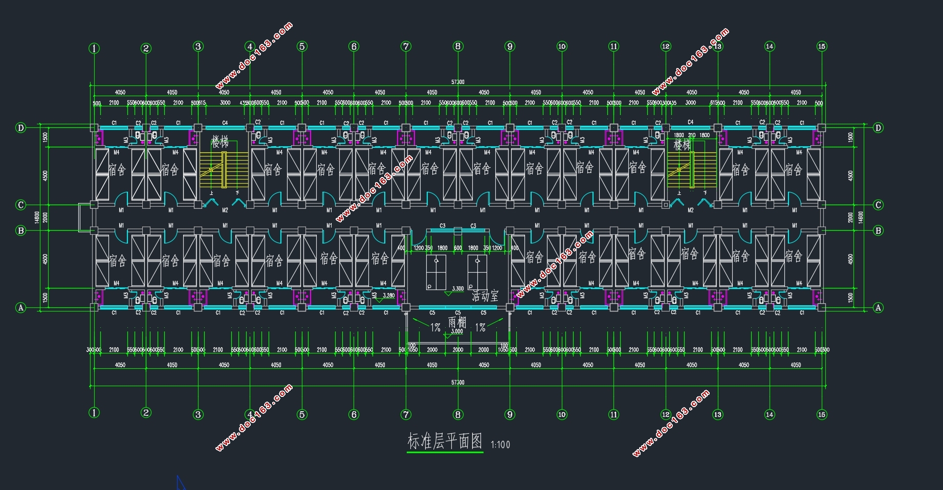 四层3346平米常州某大学学生宿舍楼设计(含建筑图结构图)
